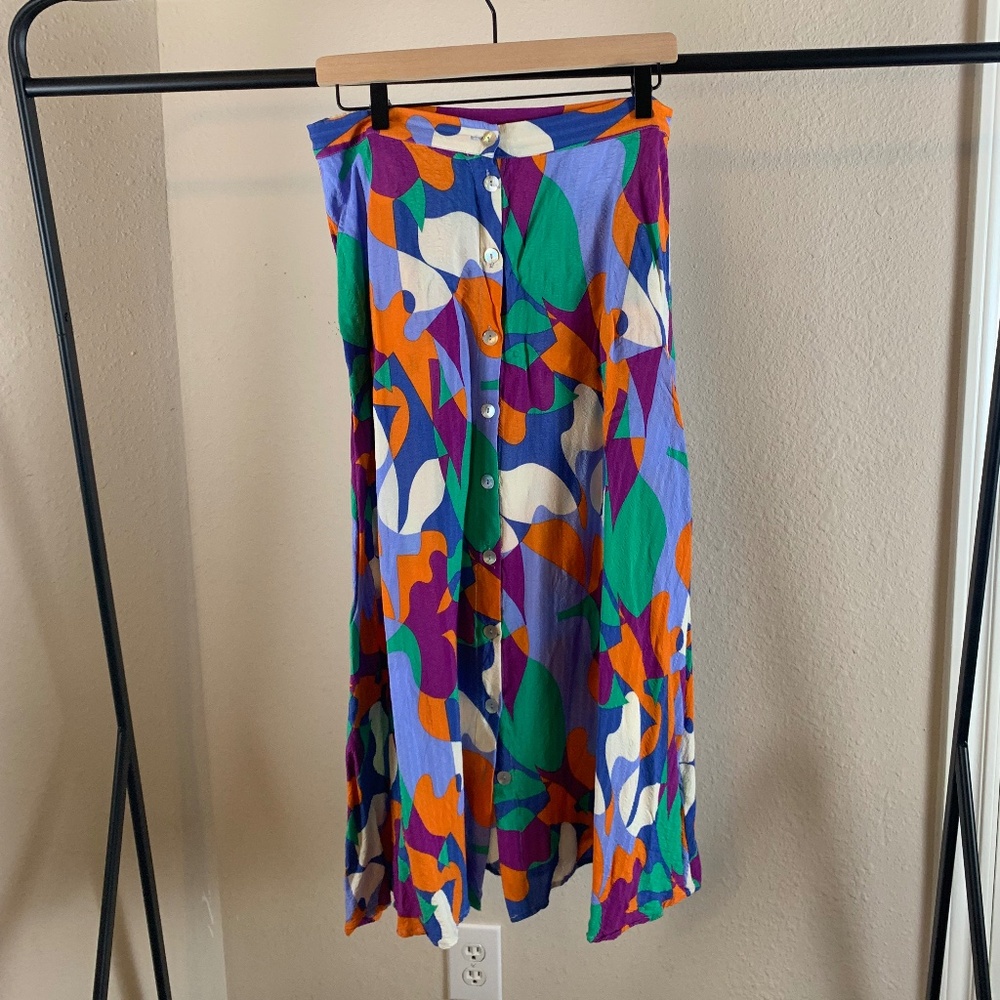 FRNCH Bold Abstract Button-Front Maxi Skirt in Purple, Green & Orange